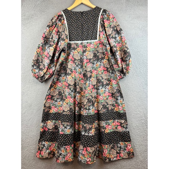 Vintage 70s Floral Paisley Print Lace Up Midi Dress Multi Puff Sleeve 10 - Picture 2 of 11